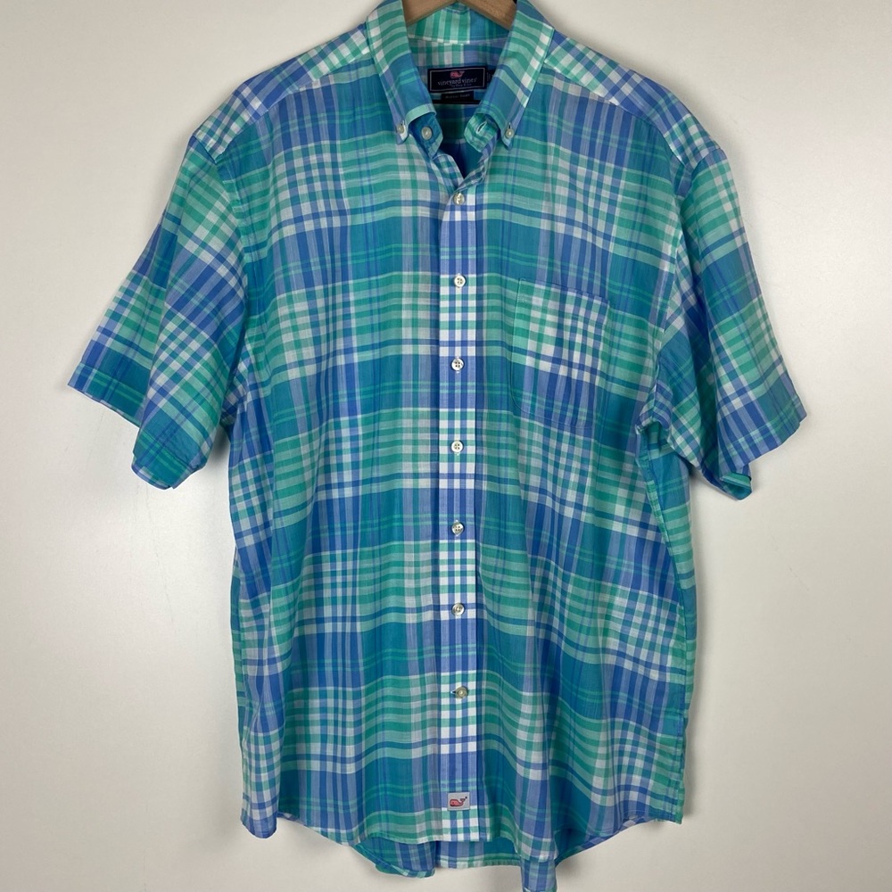 Vineyard Vines Short Sleeve Blue and Green Plaid Button Down Shirt XL